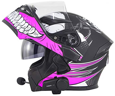 Motorrad-Bluetooth-Helm Flip Up Front Racing Motorradhelm Modular Moped Integralhelme für Erwachsene mit Doppelvisier für City Pendler DOT/ECE-zertifiziert (Purple,XXL(63-64cm))