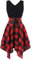 Lazzboy Sommerkleid Damen Plaid Printing Frauen ärmelloses Kaltes Schulter Kariertes Unregelmäßiges Kleid T-Shirt Asymmetrisch Minikleid Tunika Partykleid Blusekleid Hemdkleid (Rot,L)