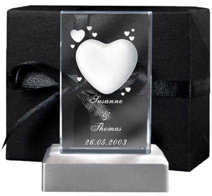 LOOXIS Personalisierte 3D Herz-Gravur im Glas – versch. Motive, Namen, Wunsch-Text – Geschenk-Idee zu Weihnachten, Valentinstag, Jahrestag – für Partner/in, Frauen, Männer – M inkl. LED Leuchtsockel