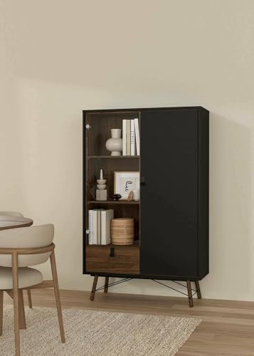 Dmora - Vitrine Zoe, Glas-Sideboard, Mehrzweckvitrine, Hängendes Bücherregal mit Glastüren, 102x40 h162 cm, Schwarz und Walnuss