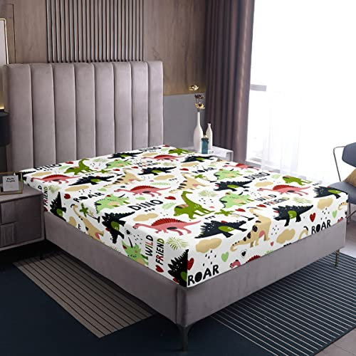 Loussiesd Kinder Dinosaurier für Jungen Mädchen Schlafzimmer Niedlich Dino Spannbetttuch 90x200cm Jugendliche Wohnkultur Karikatur Dinosaurier Kawaii Tier Spannbettlaken Grün Bettlaken