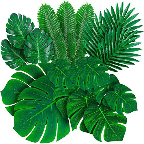 HanYun 6 kinds of fake leaves, Palm Leaves Artificial Tropical Monstera Artificial Leaves for Tropical Party Decorations Jungle Bedroom Accessories Hawaiian dinosaurs Birthday Theme Party (84Pcs)