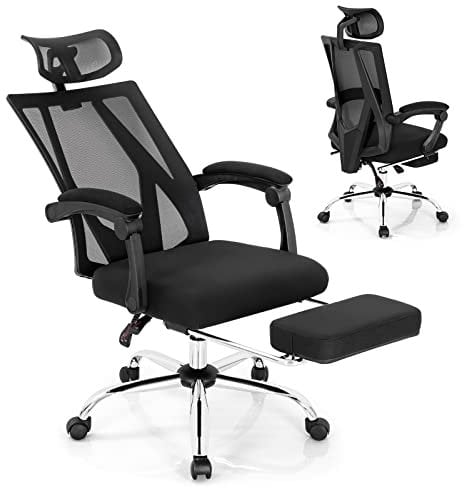 COSTWAY Mesh Office Chair, Ergonomic Swivel Computer Desk Chair with Retractable Footrest, Adjustable Headrest and Padded Armrest, High Back Recliner Task Executive Chair for Home Office, Black