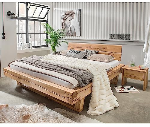 Lomadox Massivholz Doppelbett mit 2 Nachttischen, 200x200 cm, Eiche massiv, Holzkopfteil, Massivholzkufen, B/H/T ca. 318/88/228 cm