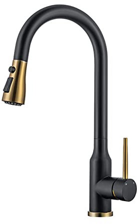 Mitigeur Cuisine avec Douchette Extractible, Robinet Cuisine Extractible Acier Inoxydable Rotation 360° Eau Froide et Chaude Multifonction Robinet de Cuisine-Noir + Or
