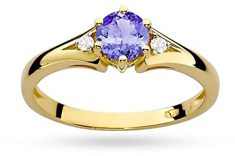 MARKO Verlobungsring 14 Karat 585 aus Gold, verziert mit Tansanit 0,50 Ct und 0,03 Ct Diamanten | Goldring mit Box | Goldring für Frauen (Tansanit, 57 (18.2))