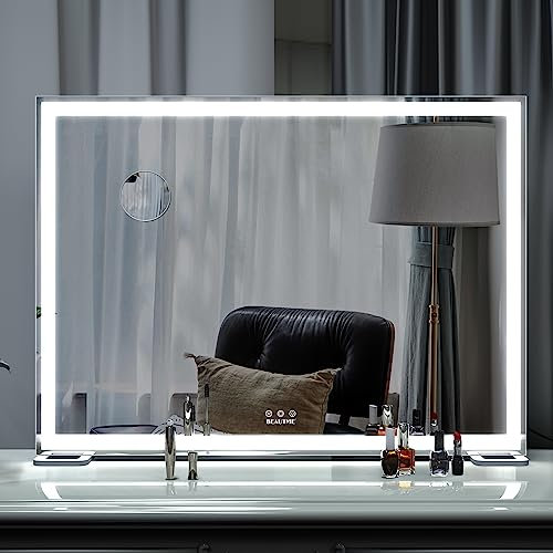 BEAUTME Miroir de courtoisie avec lumières pour table, miroir de maquillage éclairé Hollywood pour dressing et chambre à coucher, grand miroir de bureau (920 x 150 x 680 mm)