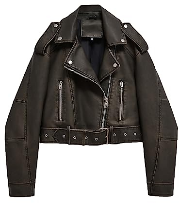 LY VAREY LIN Damen-Kurzjacke aus Kunstleder mit Reverskragen, Reißverschluss, Gürtel, Biker-Design