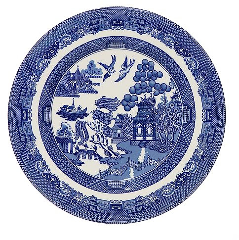 AuraHome Blue Willow Dinner Plate 27cm 10.5 Inches Diameter Glazed Iconic Elegant Blue-Printed Scene on White Porcelain Depicts Nature Historical Imagery Collectible