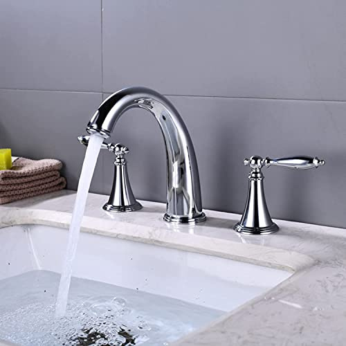JQFDD 2-Handle Rubinetto Bagno Lavabo retrò Rubinetto da Muro Tre Fori Caldo e Freddo Rubinetto Tipo Split Miscelatore Rubinetto Bagno 3 Fori,Cromo