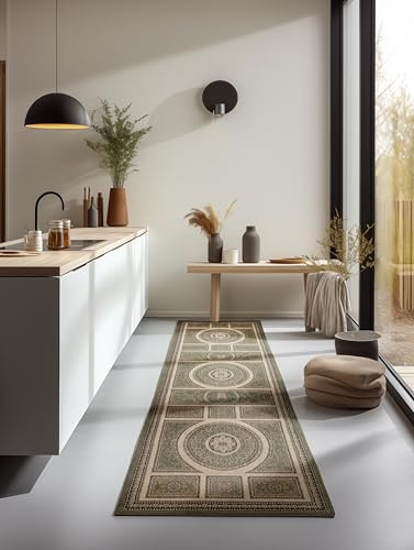 Nouristan Teppich Orientalisch – Läufer Orient Klassisch Orientalischer Wohnzimmerteppich dicht gewebt mit Bordüre Flachgewebe für Wohnzimmer, Schlafzimmer, Esszimmer, Flur – Olivgrün, 80x240cm