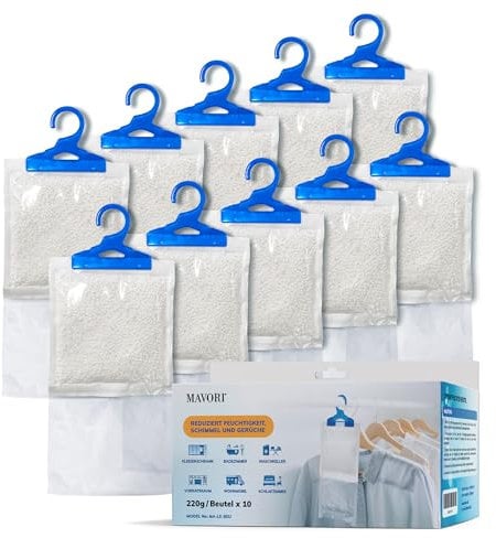 MAVORI 10er Set XL Luftentfeuchter zum Aufhängen I Luftentfeuchter Beutel I Entfeuchter Schrank und Feuchtigkeitsabsorber für Räume gegen Feuchtigkeit, Schimmel und Gerüche I bis zu 500ml je Beutel