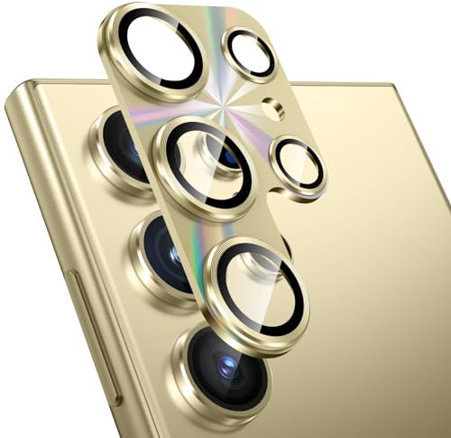 Fewdew Protezione Obiettivo Fotocamera Compatibile con Samsung Galaxy S24 Ultra,9H Vetro Temperato [HD Chiaro] [Antigraffio] Copri Anello in Metallo,Laser Giallo