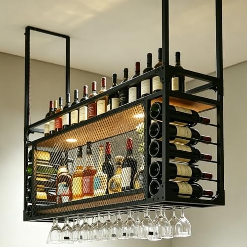 RAJYQODIS 160cm Hängendes Weinregal, 2-Lagiges Schwimmendes Deckenregal aus Metall, Stabil Flaschenhalter Aufbewahrungsregal, Geeignet für Küche, Esszimmer, Bar, Restaurant und Hotel (160cm)