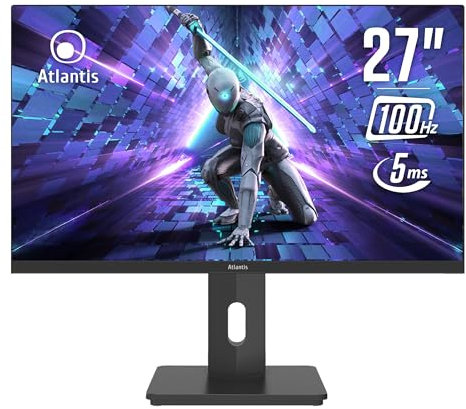 ATLANTIS Monitor 27 pollici Gaming 100Hz, schermo 27, Full HD 1920x1080, VGA HDMI e DP, MULTIMEDIALE,FreeSync,alzabile inclinabile, pivot risposta 5ms,Contrasto 1000:1,Angolo 178/178,Cavo HDMI e DP