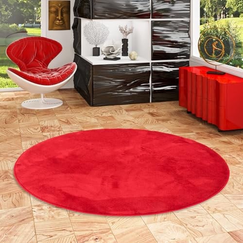 Snapstyle Luxus Super Soft Hochflor Langflor Teppich Deluxe Rund Rot - Flauschig Weich für Wohnzimmer Schlafzimmer Kinderzimmer