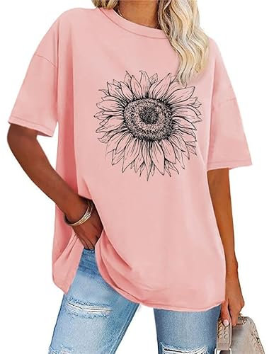 florynova Womens Tops Summer Oversized Tshirt Crewneck Short Sleeve Casual Blouse (Pink Sunflower,XL)