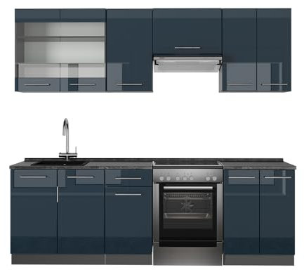 Vicco Küchenzeile Fame-Line, Dunkelblau Hochglanz/Anthrazit, 240 cm ohne Arbeitsplatte