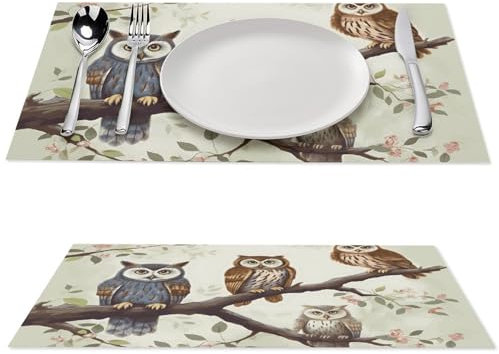Tischsets 6er Set Hitzebeständige Tischmatten Eulen auf einem Ast PVC Platzsets für Esstisch rutschfeste Schreibtischschutzmatte abwischbare Platzsets Schreibtischunterlage für Küche