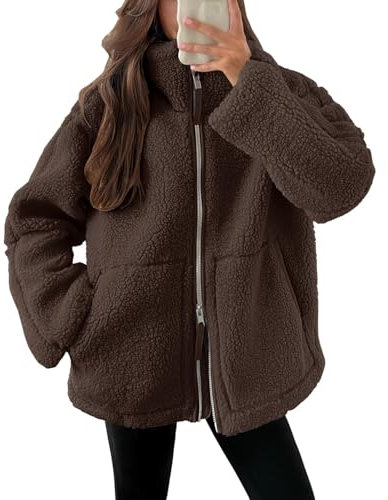 ORANDESIGNE Kuscheljacke Damen Freizeit Samt Jacke Dicke Warme Winterjacke Einfarbig Fleecejacke mit Taschen Reißverschluss Plüschjacke Bequem Wintermante Wolljacke A Dunkelbraun S