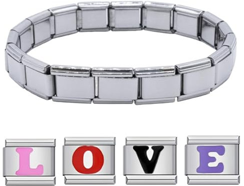 EIR Italian Charm Bracelet,4 Stück,9mm,Italian Charms,LOVE-Monogramm,Bracelet Charms,Italian Charm Armband Set,Italian Bracelet,Geschenk für Frauen Mama