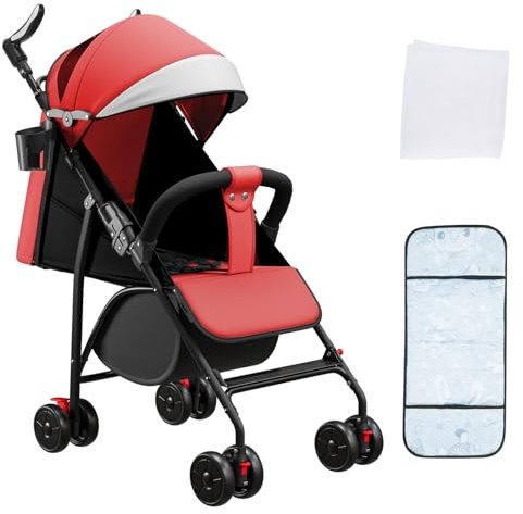OHMG Poussette Canne,Poussette compacte 0-4 Ans,légère et maniable,Pliable à une main,Dossier inclinable,Harnais 5 points,Poussette légère avec Auvent et Moustiquaire,Charge 25 kg (A-Rouge)