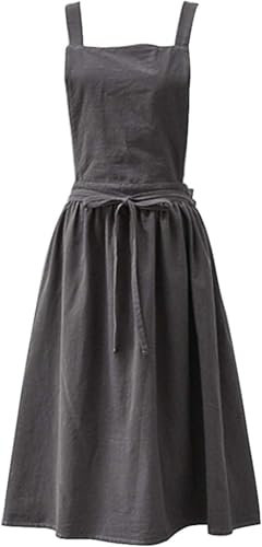 HRUNVC Cotton Linen Aprons Plain Japanese Style Women Art Flower Shop Clothing for Women Kitchen Cooking Aprons Retro Literature Bib Aprons Womenwith Large Pockets (gray)