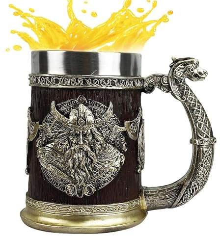 Panzertasse – Biertasse mit Fantasie-Thema | Resin Whisky Beer Tankard 600 ml | coole Kaffeetasse Wikinger aus Edelstahl, Whiskyfass, antikes Fass für die Dekoration