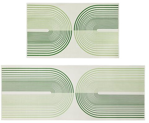 Green Rainbow Kitchen Rugs and Mats Set of 2,Boho Modern Abstract Art Door Mat for Floor Non Slip,Bohemia Mid Century Green Runner Rugs with Rubber Backing for Kitchen Mat Decor Set 17x30+17x47Inch