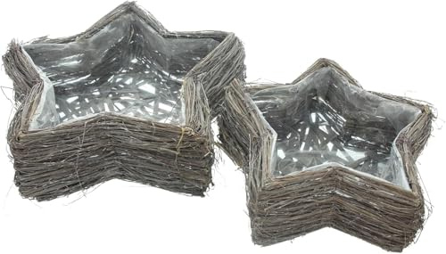 FRANK FLECHTWAREN Pflanzer Reisigstern, 2er Set, Ulme, Metall, ausgeschlagen mit Folie Maße: Ø 30 x 12 cm, Ø 40 x 14 cm, auch als verpackung für Geschenk ideal, vielseitig einsetzbar