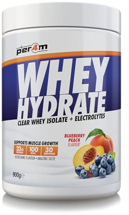 Per4m Whey Hydrate | 23g Whey Isolate & Aquamin Electrolytes | Muscle Growth & Hydration | Clear, Refreshing & Low in Sugar | 30 Serving (900g, Blueberry Peach)