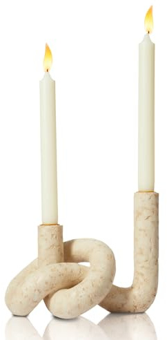 DN DECONATION Knotenförmige Stabkerzenhalter Kerzenständer Set, 2er Set | Travertin-Effekt Resin Kerzenleuchter mit Gold Metall, Boho Deko & Tischdekoration für Wohnzimmer Kamin Tisch