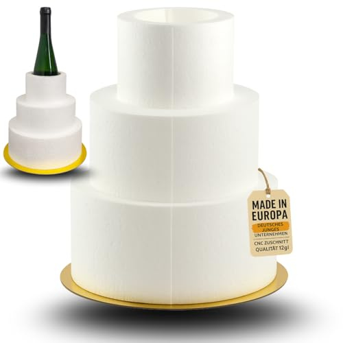 Polystyrene Cake 3 Tiers - Two with Cut-Out for Bottles, Flowers & More - Cut-Out Diameter 8.5 cm - Includes Custom-Made Double-Sided Sticker, Gold or Silver Base - Ideal for Crafts