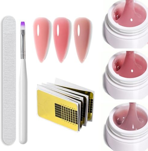 3-Farben-Nagelverlängerungs-Gel-Set mit Pinsel, Feile und Form – Aufbaugel für Gelnägel, Nude Pink Gel-Nagellack-Set für Lange Nägel, UV-/LED-härtend Nägel, Splitterfest, Einfach Aufzutragen