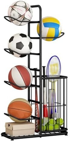 Ballaufbewahrungsregal, 5-Stufiges FußBallregal, Vertikale Ballanzeige, Freistehende Basketballaufbewahrung Mit Korb, Geeignet FüR Volleyball, Basketball, FußBall, Garage, Drinnen Und DraußEn