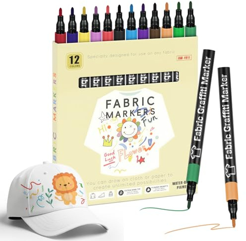 APXEL 12 Textilstifte Waschmaschinenfest Permanent Textilfarbe Stifte für Stoff, Ungiftig Textilmarker Stoffmalstifte Waschfeste mit Feiner Spitze Stoffmarker für T-Shirts Stoffbeutel