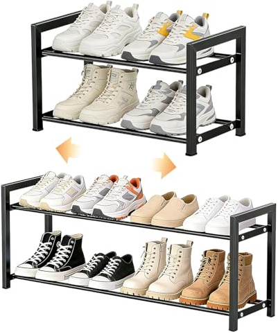 ALKNOT Ausziehbares Schuhregal schmal – 2 Ebenen, Metall, verstellbar von 45 bis 80 cm – Platzsparende Schuhablage für Diele, Flur & Hauswirtschaftsraum – Schwarz