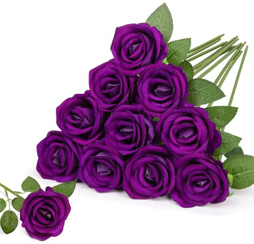 Woltoy 12Pcs Artificial Flowers, Flocked Purple Rose Bouquet with Stems, Real Touch Fake Flowers for Vase Centrepiece, Wedding & Home Decor