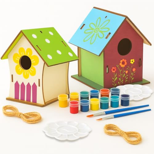 2 Pack DIY Bird House Kit, Paint Your Own Wooden Birdhouse Craft Set with Paints, Brushes and Hanging String, Creative Arts and Crafts Activity for Home, Garden