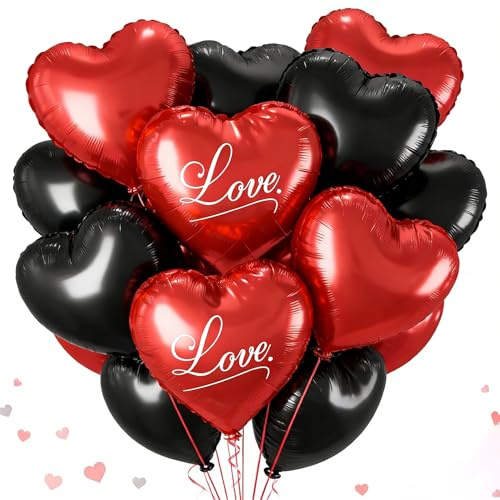 Herz Folienballon Schwarz Rot, 18 Zoll Herz Helium Luftballons, Rot Love Herzluftballons, Schwarz Rots Herzballons Hochzeit, Herzform Folienluftballon für Geburtstag Verlobung Valentinstag