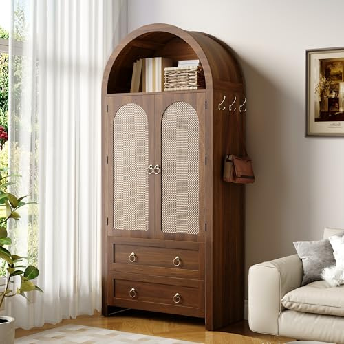 Bibliothèque bombée - Armoire haute avec portes et tiroirs en rotin - Buffet avec crochets - Armoire polyvalente pour salon, bureau, chambre ou bureau (noyer 1)