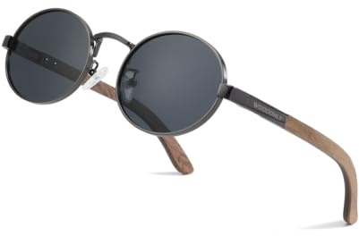 WOODONLY Holz Oval Polarisierte Sonnenbrille - Mode Metallrahmen Sonnenbrille für Herren und Damen Perfekte Geschenke (Walnuss)