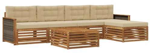 vidaXL Outdoor-Sofagarnitur mit Kissen 6 pcs Natur und Beige, Patio-Sofa, modernes Eckset, wetterfester Gartenlounge, Bequeme Terrassenplätze für entspannte Zeiten
