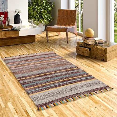 Natur Teppich Bauwolle Kelim Kalleen Braun in 6 Größen