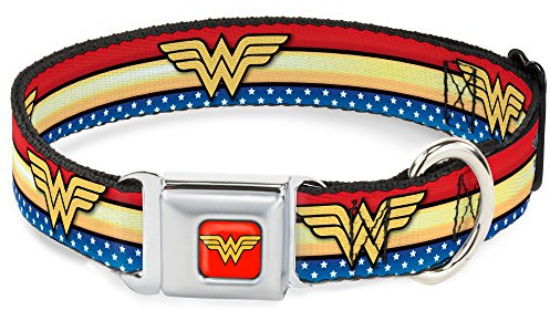 Buckle Down Seatbelt Buckle Dog Collar - Wonder Woman Logo Stripe/Stars Red/Gold/Blue/White - 1 Wide - Fits 11-17 Neck - Medium