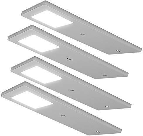 4 Pack | Bright 5W LED Low Profile Under Cabinet Panel Spot Lights & Driver Kit | Aluminium & Natural White | Kitchen Worktop Countertop Cupboard Unit Down Light | Modern Slim Lighting Fitting