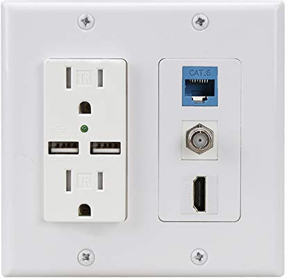 2 Power Outlet 15A with Dual 2.1A USB charger Port Wall Plate with LED lighting,PHIZLI 1 HDMI HDTV + 1 CAT6 RJ45 Ethernet + Coaxial Cable TV F Type Keystone Face Plate White