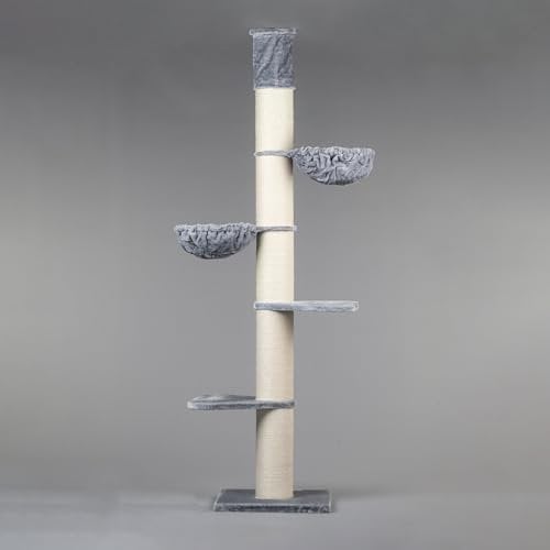 Arbres à Chat RHRQuality pour Grands Chats - Maine Coon Tower Plus - 235 à 255 cm de Haut - avec poteaux en sisal Extra épais de 20 cm - Gris Clair