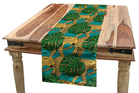 ABAKUHAUS Monstera Tischläufer, Tiere und Monstera Leaves, Esszimmer Küche Rechteckiger Dekorativer Tischläufer, 40 x 180 cm, Gelb Teal Grün