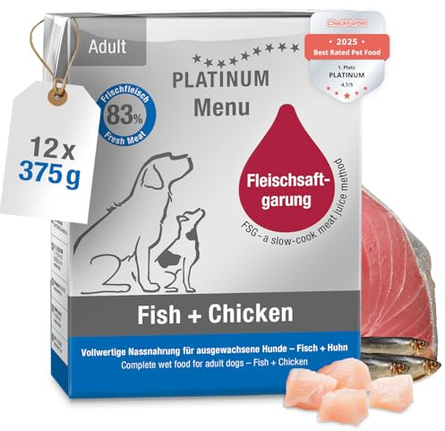 PLATINUM - Nassfutter für Hunde Menu Adult Fish+Chicken aus FSG - 12x 375g | Zubereitet aus Frischfleisch für kleine & große Hunde - glutenfrei - nährstoffreich - leicht verdaulich - in DE geprüft